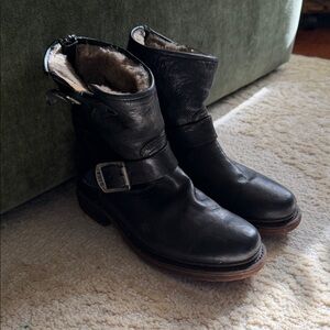 Frye Black Leather & Shearling Ankle Boots